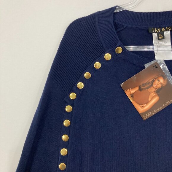 New IMAN Navy Global Chic Touch of Gold Knit Draped Luxe Poncho size XL - Picture 5 of 11